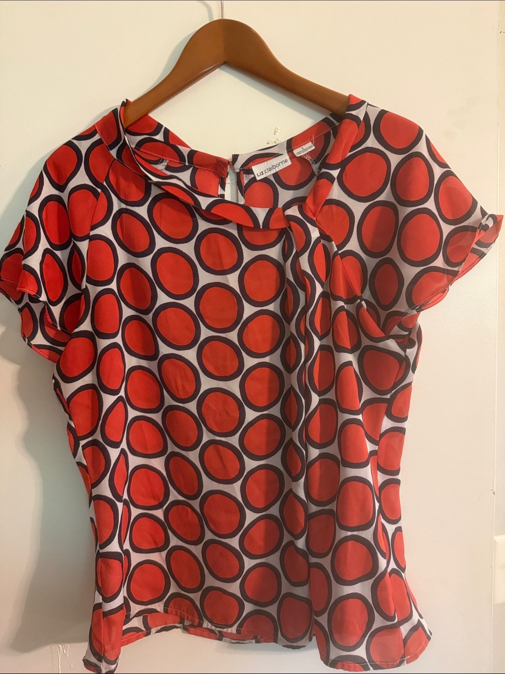 Liz Claiborne Navy and Orange Bubble Dot Short Sleeve Blouse